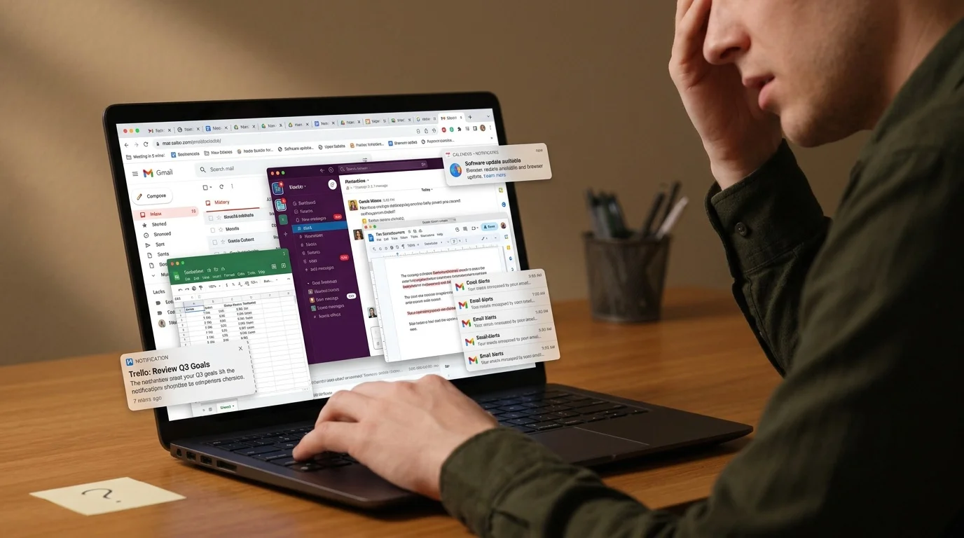Person sitting at a desk surrounded by open applications and notification icons, representing scattered focus