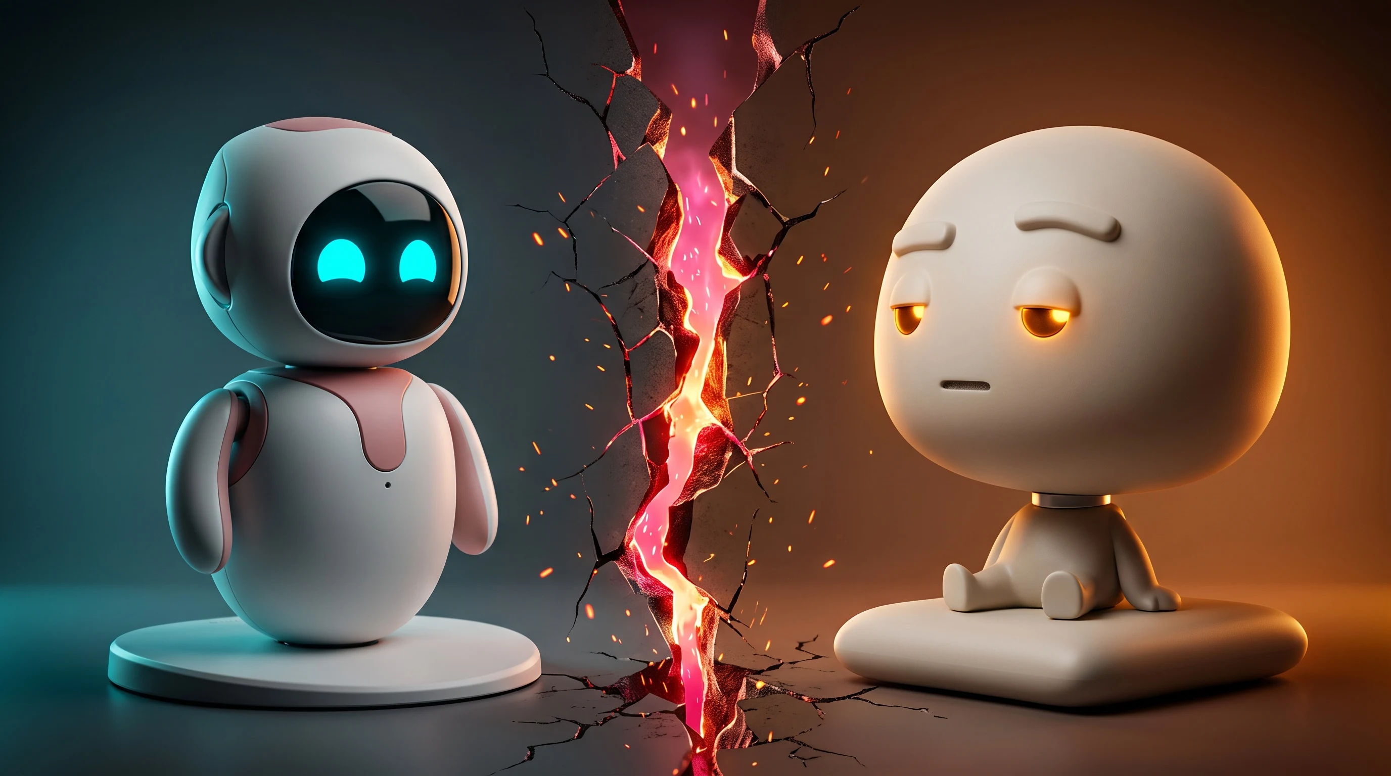 Split-screen comparison banner: the Eilik desktop robot with big glowing eyes on the left facing Pixl Nub on the right across a cracked glowing rift