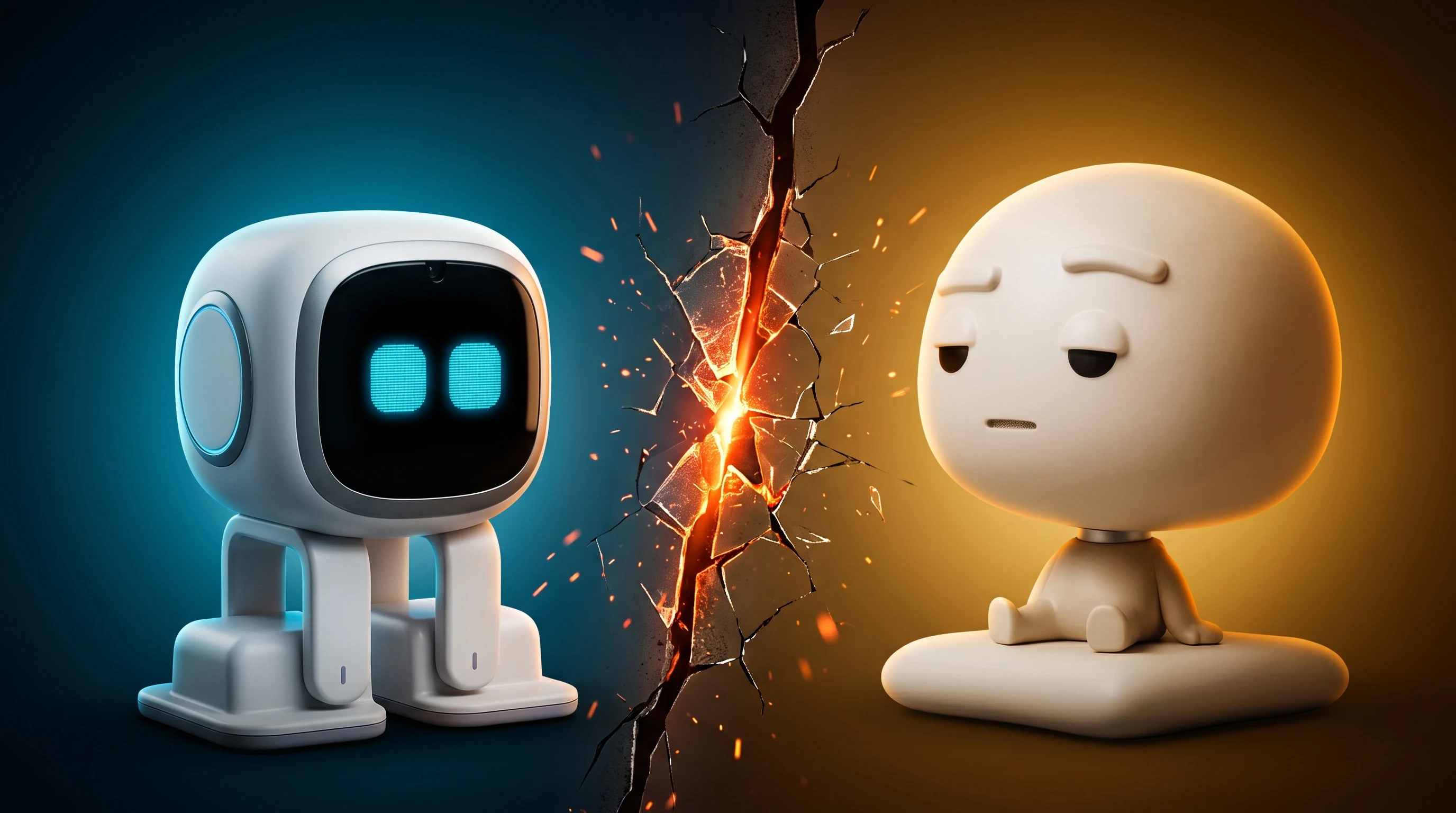 Split-screen comparison banner: the white EMO desk robot on the left facing Pixl Nub on the right across a cracked glowing rift