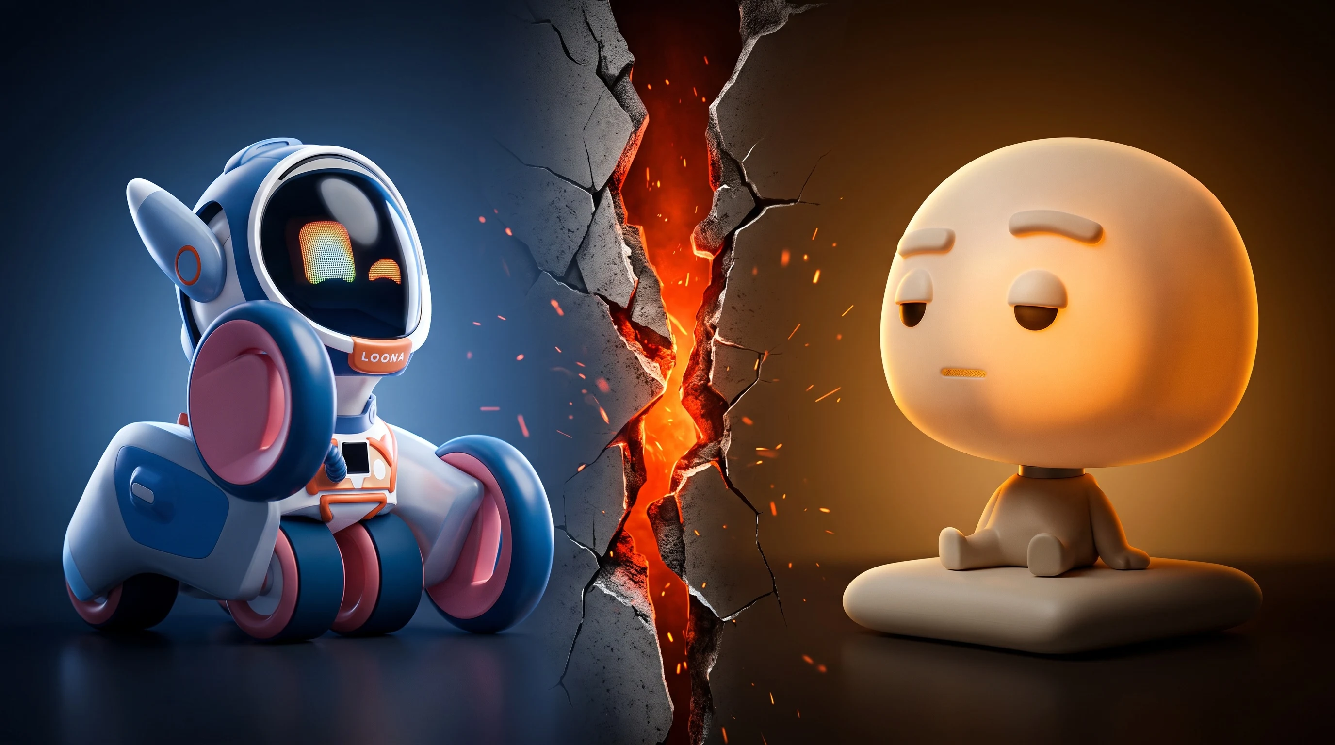 Split-screen comparison banner: the white Loona robot dog with its expressive screen face on the left facing Pixl Nub on the right across a cracked glowing rift