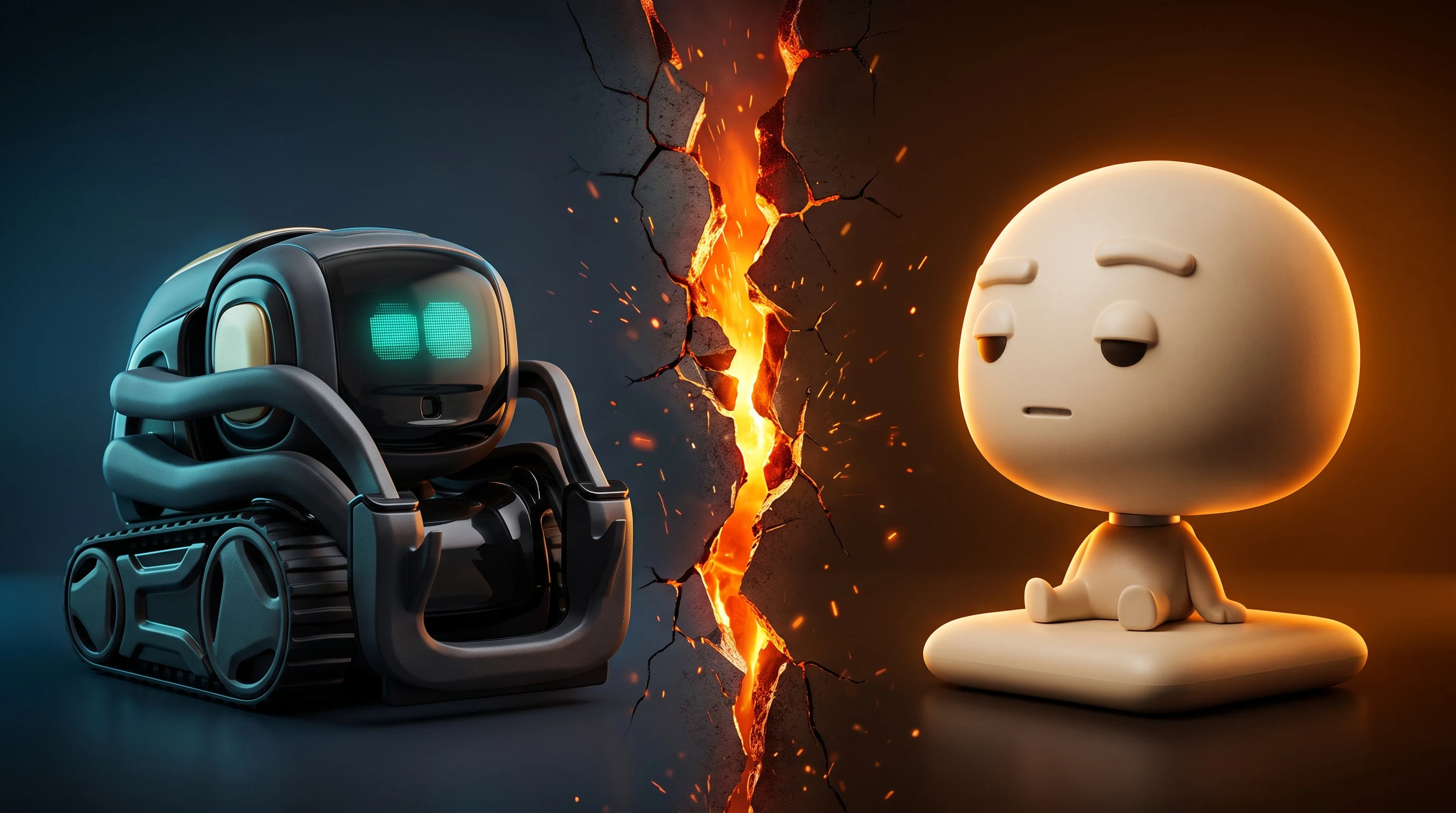 Split-screen comparison banner: the black Vector robot with its cyan pixel face on the left facing Pixl Nub on the right across a cracked glowing rift